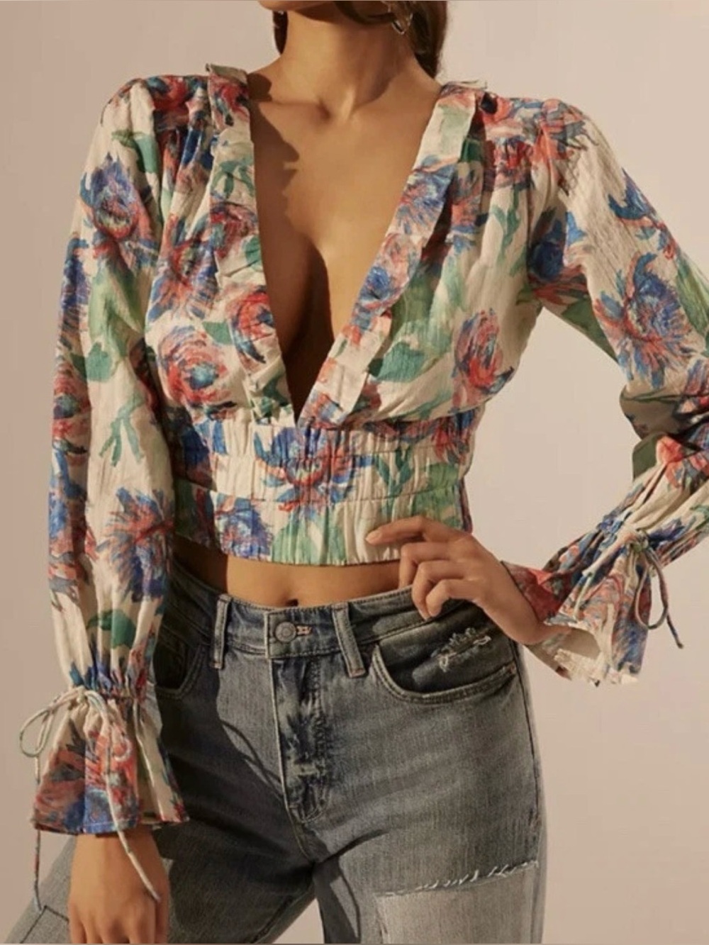 NWT Anthropologie Floral Banded Blouse Plunging V-Neck Crop Top XL